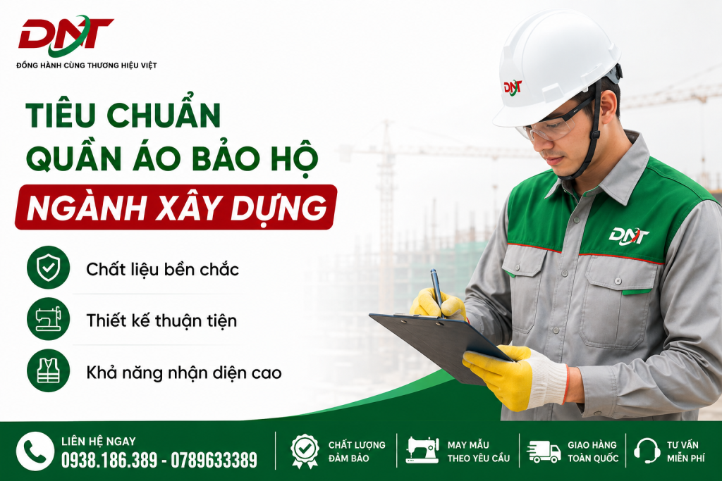 Tiêu chuẩn quần áo bảo hộ ngành xây dựng DNT gồm chất liệu bền chắc, thiết kế thuận tiện và khả năng nhận diện cao, giúp người lao động làm việc an toàn, thoải mái và chuyên nghiệp tại công trường.