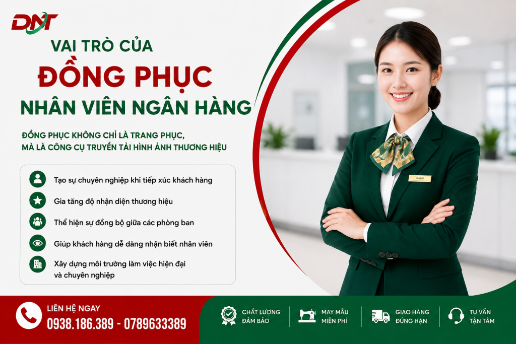 Poster giới thiệu vai trò của đồng phục nhân viên ngân hàng trong việc xây dựng hình ảnh chuyên nghiệp, tăng nhận diện thương hiệu, tạo sự đồng bộ giữa các phòng ban và giúp khách hàng dễ dàng nhận biết nhân viên. Thiết kế sử dụng hình ảnh nữ nhân viên ngân hàng mặc vest xanh thanh lịch, kết hợp tone xanh – đỏ đặc trưng của DNT.