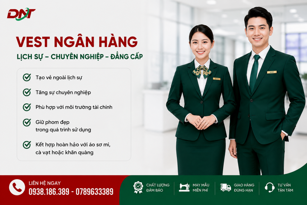 Poster giới thiệu vest ngân hàng dành cho nhân viên nam và nữ với thiết kế lịch sự, chuyên nghiệp và hiện đại. Mẫu vest xanh đậm được phối cùng áo sơ mi trắng, cà vạt hoặc khăn quàng, giúp tạo hình ảnh chỉn chu, giữ phom đẹp và phù hợp với môi trường tài chính – ngân hàng.