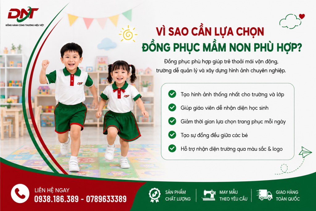 Poster giới thiệu lý do nên lựa chọn đồng phục học sinh mầm non phù hợp, giúp trẻ thoải mái vận động, tạo sự đồng đều giữa các bé và hỗ trợ giáo viên dễ nhận diện học sinh. Thiết kế đồng phục mầm non DNT còn góp phần xây dựng hình ảnh trường lớp chuyên nghiệp, tăng nhận diện qua màu sắc và logo, kết hợp dịch vụ may mẫu theo yêu cầu và giao hàng toàn quốc.