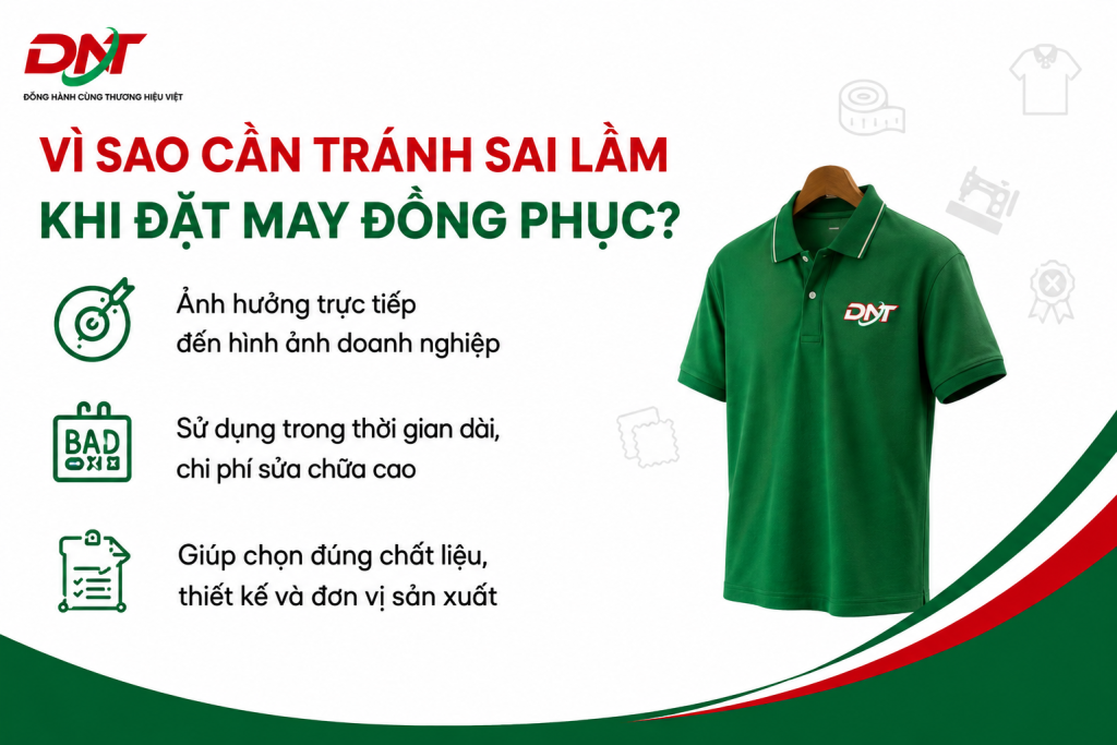 Poster giải thích vì sao doanh nghiệp cần tránh sai lầm khi đặt may đồng phục, giúp hạn chế chi phí phát sinh, đảm bảo hình ảnh chuyên nghiệp và lựa chọn đúng chất liệu, thiết kế, đơn vị sản xuất.