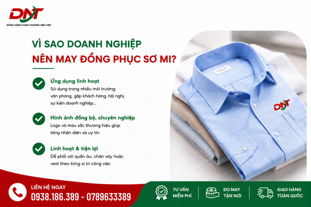 Vì sao doanh nghiệp nên may đồng phục sơ mi? Đồng phục sơ mi không chỉ có tính ứng dụng linh hoạt trong môi trường văn phòng, hội nghị, gặp gỡ khách hàng hay sự kiện mà còn giúp xây dựng hình ảnh đồng bộ, chuyên nghiệp. Việc kết hợp logo và màu sắc thương hiệu trên áo góp phần tăng khả năng nhận diện, nâng cao uy tín doanh nghiệp. Thiết kế sơ mi thanh lịch, dễ phối cùng quần âu, chân váy hoặc vest, phù hợp với nhiều vị trí và môi trường làm việc.
