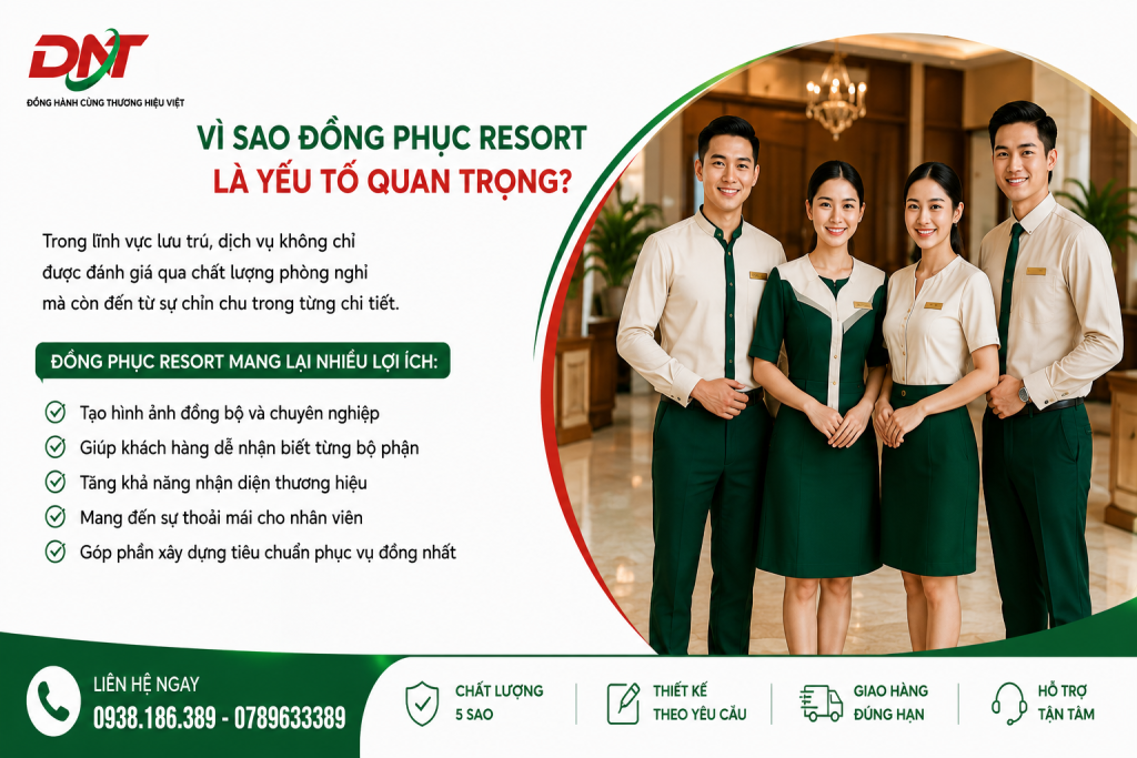Đồng phục resort giúp xây dựng hình ảnh chuyên nghiệp, đồng bộ và nâng cao nhận diện thương hiệu trong ngành nghỉ dưỡng. Thiết kế phù hợp từng bộ phận còn mang lại sự thoải mái cho nhân viên, giúp khách hàng dễ nhận biết và góp phần tạo nên tiêu chuẩn phục vụ thống nhất.