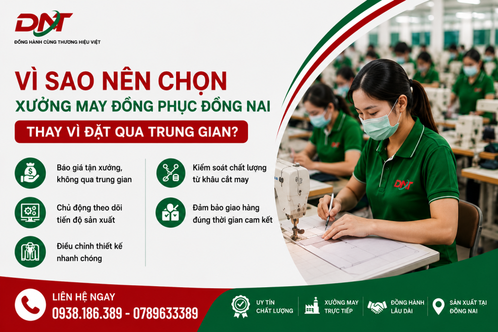 Lựa chọn xưởng may đồng phục Đồng Nai trực tiếp giúp doanh nghiệp tối ưu chi phí, kiểm soát chất lượng và chủ động tiến độ sản xuất. DONATetx cung cấp dịch vụ may đồng phục tận xưởng, không qua trung gian, hỗ trợ điều chỉnh thiết kế nhanh chóng, kiểm soát chặt chẽ từ khâu cắt may và đảm bảo giao hàng đúng thời gian cam kết.