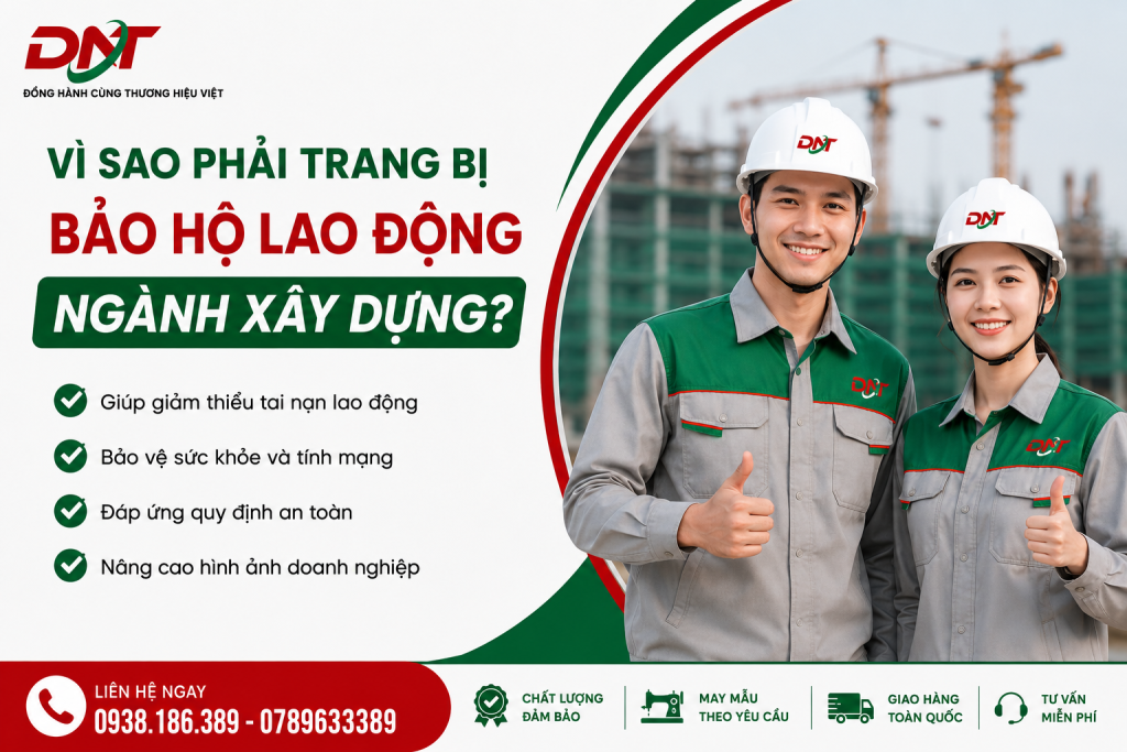 Bảo hộ lao động ngành xây dựng DNT với thiết kế bền chắc, thoải mái và chuyên nghiệp, giúp bảo vệ người lao động, giảm nguy cơ tai nạn và đáp ứng yêu cầu an toàn tại công trường.