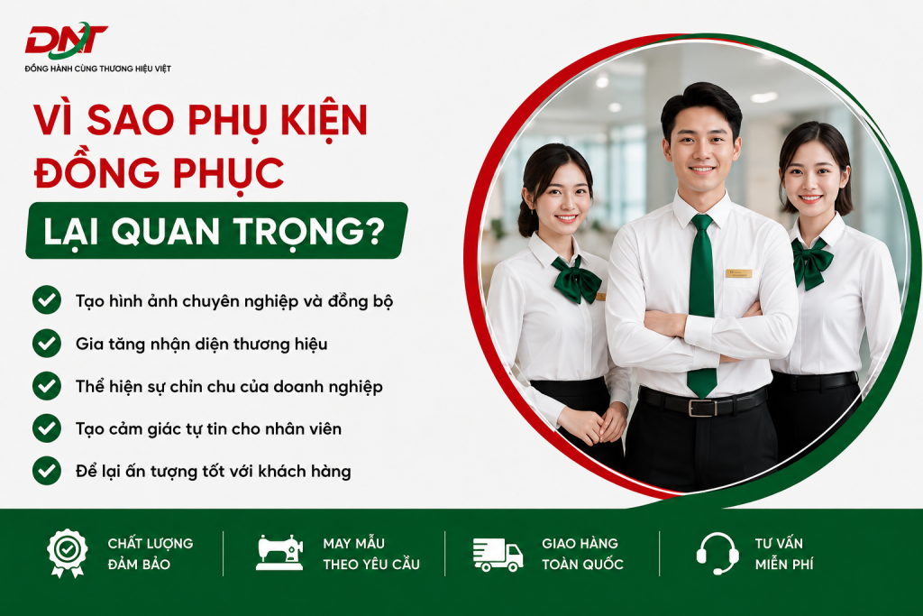 Poster giải thích vì sao phụ kiện đồng phục quan trọng đối với doanh nghiệp, giúp tạo hình ảnh chuyên nghiệp, đồng bộ, tăng nhận diện thương hiệu và thể hiện sự chỉn chu. Phụ kiện phù hợp còn giúp nhân viên tự tin hơn và tạo ấn tượng tốt với khách hàng.