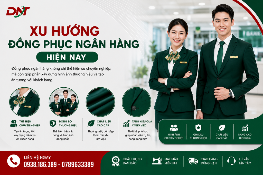 Poster giới thiệu xu hướng đồng phục ngân hàng hiện nay với thiết kế hiện đại, chuyên nghiệp và đồng bộ nhận diện thương hiệu. Đồng phục vest xanh kết hợp áo sơ mi, cà vạt và khăn quàng tạo hình ảnh chỉn chu cho nhân viên ngân hàng. Thiết kế chú trọng chất liệu cao cấp, sự thoải mái, tính thẩm mỹ và khả năng nâng cao nhận diện thương hiệu trong môi trường tài chính.