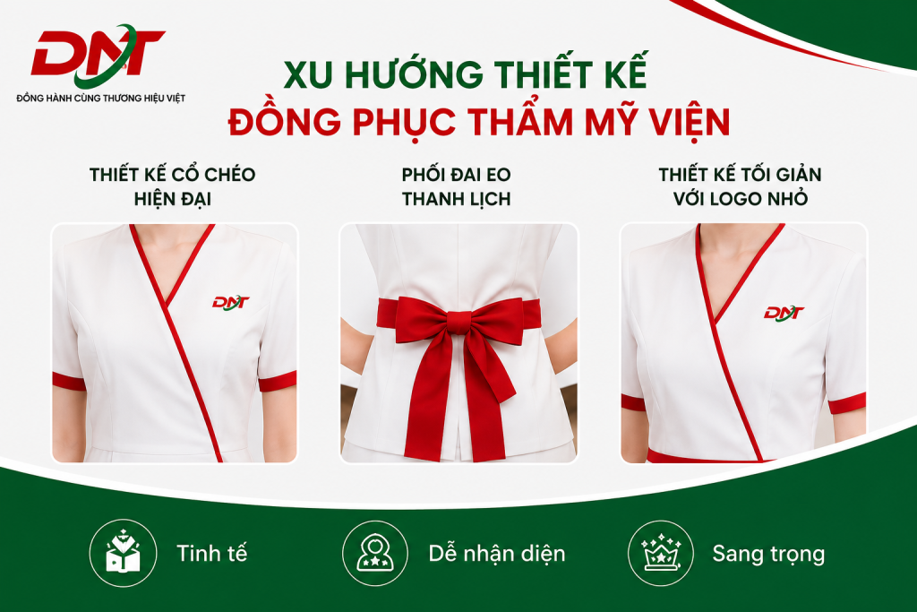 Poster “Xu hướng thiết kế đồng phục thẩm mỹ viện” giới thiệu các phong cách đồng phục spa hiện đại như thiết kế cổ chéo, phối đai eo thanh lịch và kiểu dáng tối giản với logo nhỏ. Việc lựa chọn thiết kế phù hợp không chỉ mang lại sự thoải mái cho nhân viên mà còn giúp spa, clinic và cơ sở làm đẹp xây dựng hình ảnh chuyên nghiệp, sang trọng, đồng bộ và tăng khả năng nhận diện thương hiệu.