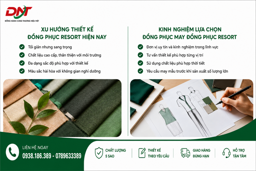 Xu hướng thiết kế đồng phục resort hiện nay ưu tiên phong cách tối giản, sang trọng, chất liệu cao cấp và màu sắc hài hòa với không gian nghỉ dưỡng. Khi lựa chọn đơn vị may đồng phục resort, doanh nghiệp nên chú trọng kinh nghiệm, khả năng tư vấn theo từng vị trí, chất liệu phù hợp và quy trình may mẫu trước khi sản xuất số lượng lớn.