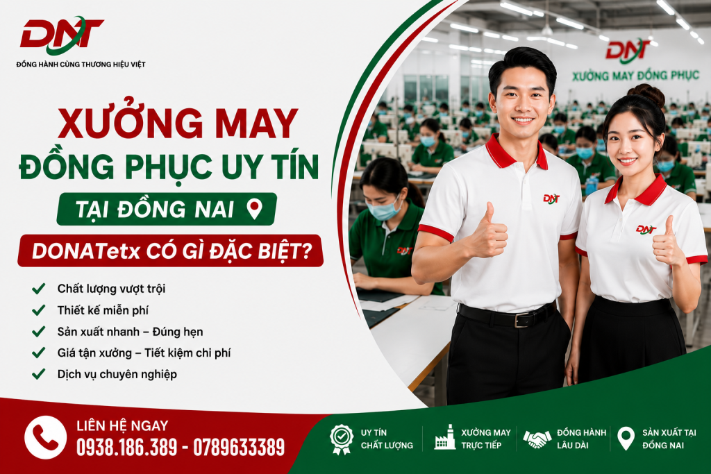 DONATetx – xưởng may đồng phục uy tín tại Đồng Nai, chuyên sản xuất trực tiếp các mẫu đồng phục doanh nghiệp chất lượng cao với form chuẩn, đường may chắc chắn và chất liệu bền đẹp. Khách hàng được hỗ trợ thiết kế miễn phí, báo giá tận xưởng, sản xuất nhanh – đúng hẹn và tối ưu chi phí. DONATetx cam kết dịch vụ chuyên nghiệp, đáp ứng đa dạng nhu cầu đặt may đồng phục cho doanh nghiệp, nhà máy, trường học và tổ chức.