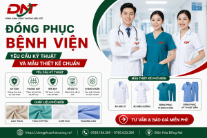 Hình ảnh minh họa đồng phục bệnh viện với trang phục bác sĩ, điều dưỡng và nhân viên y tế, cùng các gợi ý chất liệu như kaki thun, thun cotton, Kate Silk và Pangrim.
