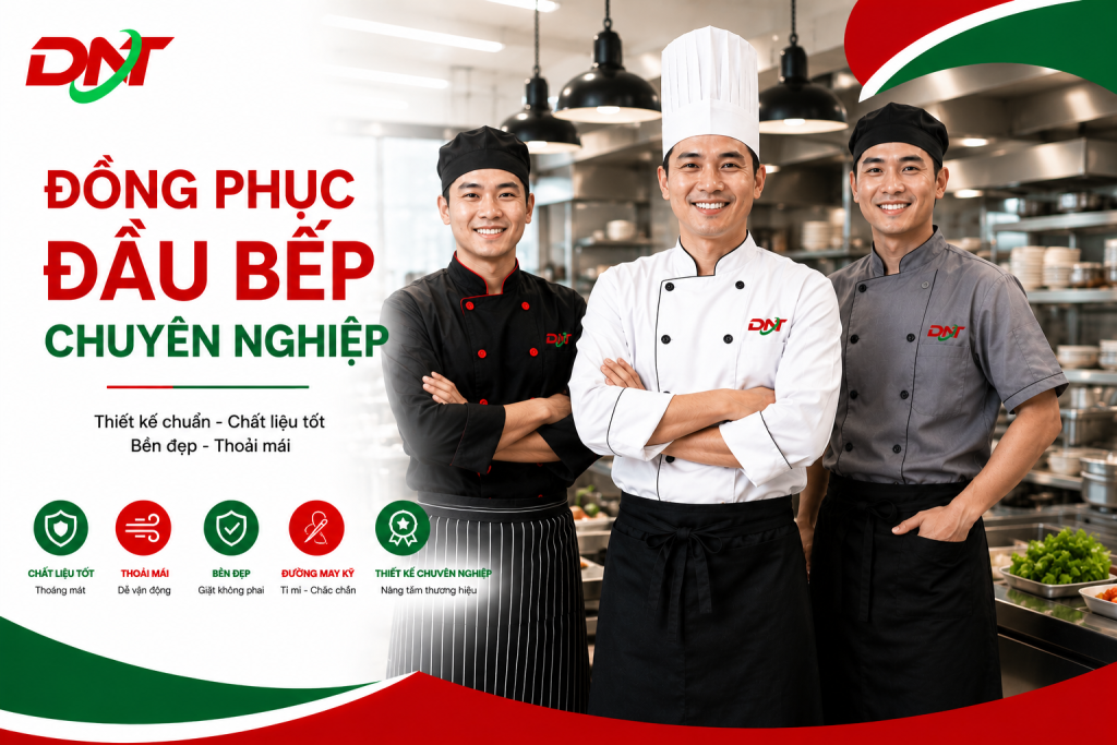 Hình ảnh minh họa đồng phục đầu bếp chuyên nghiệp tại DONATEX với các mẫu áo bếp trưởng, áo đầu bếp và đồng phục nhà hàng hiện đại. Thiết kế sử dụng tông màu trắng, đỏ và xanh lá đồng bộ nhận diện thương hiệu, phù hợp cho nhà hàng, khách sạn và bếp dịch vụ. Đồng phục được chú trọng về chất liệu, form dáng và sự thoải mái, giúp đầu bếp làm việc hiệu quả và xây dựng hình ảnh chuyên nghiệp.