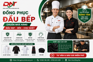 Hình ảnh giới thiệu đồng phục đầu bếp chuẩn nhà hàng với mẫu áo bếp nam nữ, áo bếp trưởng, áo bếp ngắn tay, tạp dề và nón bếp, phù hợp cho nhà hàng, khách sạn và mô hình F&B.