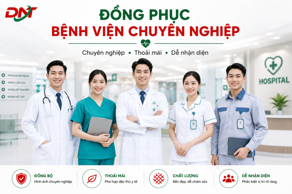 Hình ảnh minh họa đội ngũ bác sĩ, điều dưỡng và kỹ thuật viên mặc đồng phục bệnh viện chuyên nghiệp trong môi trường y tế hiện đại. Thiết kế đồng phục đảm bảo tính thẩm mỹ, sự thoải mái, dễ nhận diện và phù hợp với đặc thù công việc. Đây là gợi ý phù hợp cho bệnh viện, phòng khám và cơ sở y tế đang tìm giải pháp may đồng phục chất lượng, đồng bộ theo nhận diện thương hiệu.