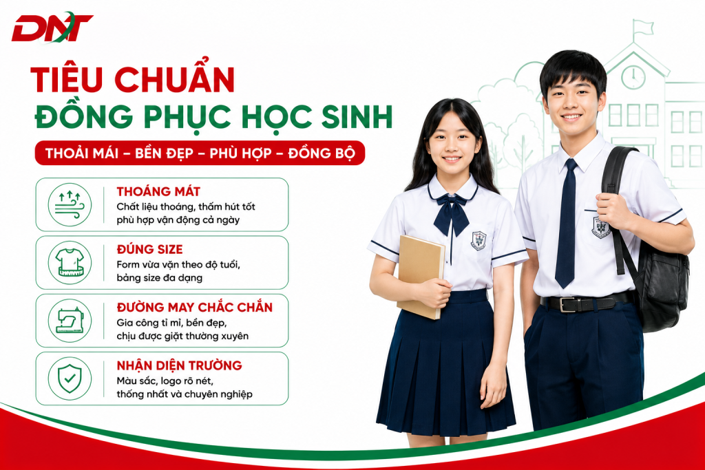 Hình ảnh minh họa các tiêu chuẩn quan trọng của đồng phục học sinh Đồng Nai gồm chất liệu thoáng mát, đúng size, đường may chắc chắn và nhận diện trường rõ ràng. Thiết kế đồng phục phù hợp giúp học sinh thoải mái khi học tập, vận động hằng ngày, đồng thời đảm bảo tính thẩm mỹ, độ bền và sự đồng bộ theo quy định của nhà trường.