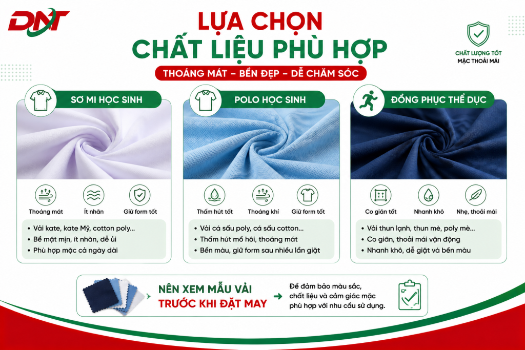 Hình ảnh giới thiệu các chất liệu phổ biến dùng để may đồng phục học sinh Đồng Nai như vải sơ mi, vải polo và vải đồng phục thể dục. Mỗi loại chất liệu đều có ưu điểm về độ thoáng mát, khả năng thấm hút, giữ form và độ bền khi sử dụng. Đây là gợi ý giúp nhà trường và phụ huynh lựa chọn chất liệu đồng phục học sinh phù hợp với từng cấp học và nhu cầu sử dụng thực tế.