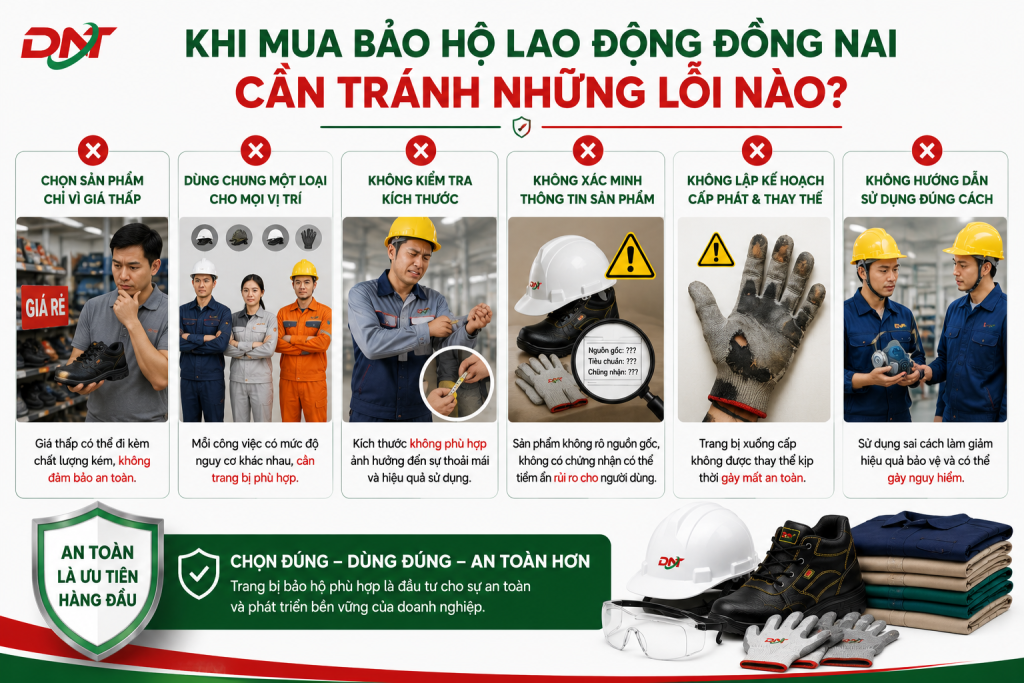 tổng hợp những lỗi thường gặp khi mua bảo hộ lao động Đồng Nai như chỉ chọn sản phẩm giá rẻ, dùng chung trang bị cho mọi vị trí, không kiểm tra kích thước hoặc bỏ qua nguồn gốc sản phẩm. Hình ảnh giúp doanh nghiệp lựa chọn đúng thiết bị bảo hộ, đảm bảo an toàn lao động, tối ưu chi phí và nâng cao hiệu quả sử dụng trong môi trường sản xuất, xây dựng và kho vận.