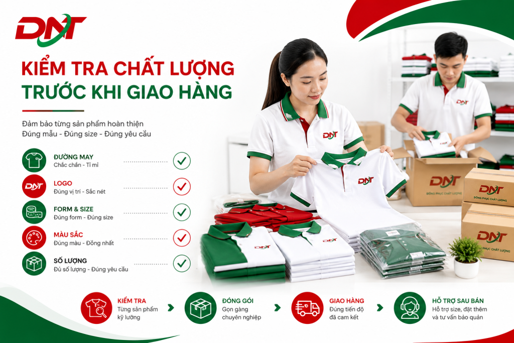 Hình ảnh minh họa công đoạn kiểm tra chất lượng đồng phục trước khi giao hàng tại DONATEX. Mỗi sản phẩm được kiểm tra kỹ về đường may, logo, màu sắc, form dáng, kích thước và số lượng trước khi đóng gói.