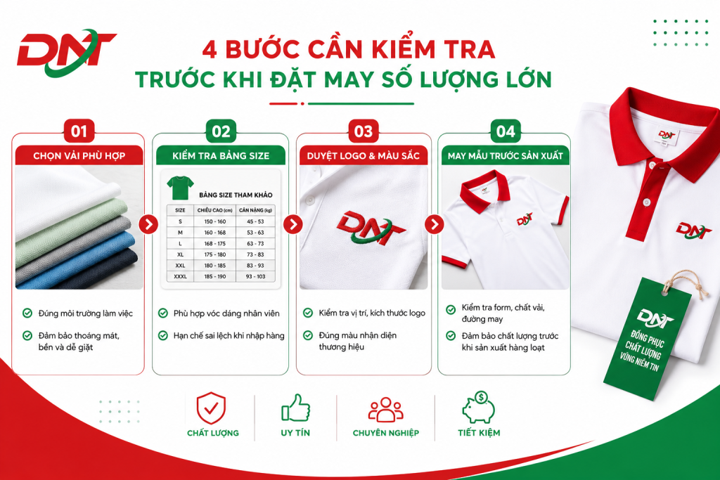 hướng dẫn 4 bước cần kiểm tra trước khi đặt may áo thun đồng phục công nhân số lượng lớn, gồm chọn chất liệu vải, kiểm tra bảng size, duyệt logo và may mẫu. Hình ảnh giúp doanh nghiệp hạn chế sai sót, đảm bảo chất lượng đồng phục, tiết kiệm chi phí và nâng cao hiệu quả khi triển khai đơn hàng lớn.