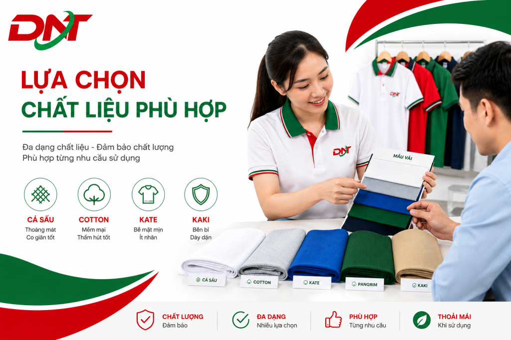 Hình ảnh minh họa bước lựa chọn chất liệu trong quy trình may đồng phục tại DONATEX với các loại vải phổ biến như cá sấu, cotton, kate và kaki