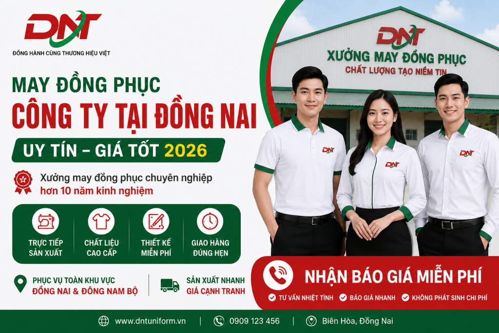 DNT Uniform là xưởng may đồng phục công ty tại Đồng Nai chuyên thiết kế và sản xuất đồng phục doanh nghiệp chất lượng cao với hơn 10 năm kinh nghiệm. Chúng tôi nhận may áo thun đồng phục, áo sơ mi, đồng phục công sở, đồng phục bảo hộ, đồng phục nhà hàng, khách sạn và nhiều mẫu theo yêu cầu. Cam kết sản xuất trực tiếp, chất liệu cao cấp, thiết kế miễn phí, giao hàng đúng tiến độ, giá tận xưởng cạnh tranh. Phục vụ khách hàng tại Biên Hòa, Đồng Nai và toàn khu vực Đông Nam Bộ. Liên hệ ngay để nhận báo giá may đồng phục miễn phí, tư vấn nhanh chóng và tối ưu chi phí cho doanh nghiệp.