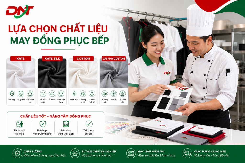 Hình ảnh minh họa quá trình lựa chọn chất liệu may đồng phục đầu bếp tại DONATEX với các dòng vải phổ biến như Kate, Kate Silk, Cotton và vải pha Cotton. Thiết kế sử dụng tông màu trắng, đỏ và xanh lá đồng bộ nhận diện thương hiệu, thể hiện quy trình tư vấn chất liệu phù hợp giúp đồng phục bếp bền đẹp, thoáng mát, dễ vận động và đáp ứng nhu cầu sử dụng của nhà hàng, khách sạn
