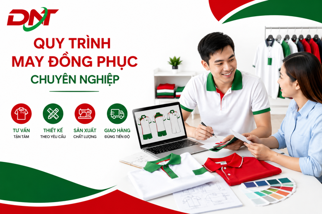 Hình ảnh minh họa quy trình may đồng phục theo yêu cầu tại DONATEX với các bước từ tư vấn, thiết kế, lựa chọn chất liệu đến sản xuất và giao hàng.