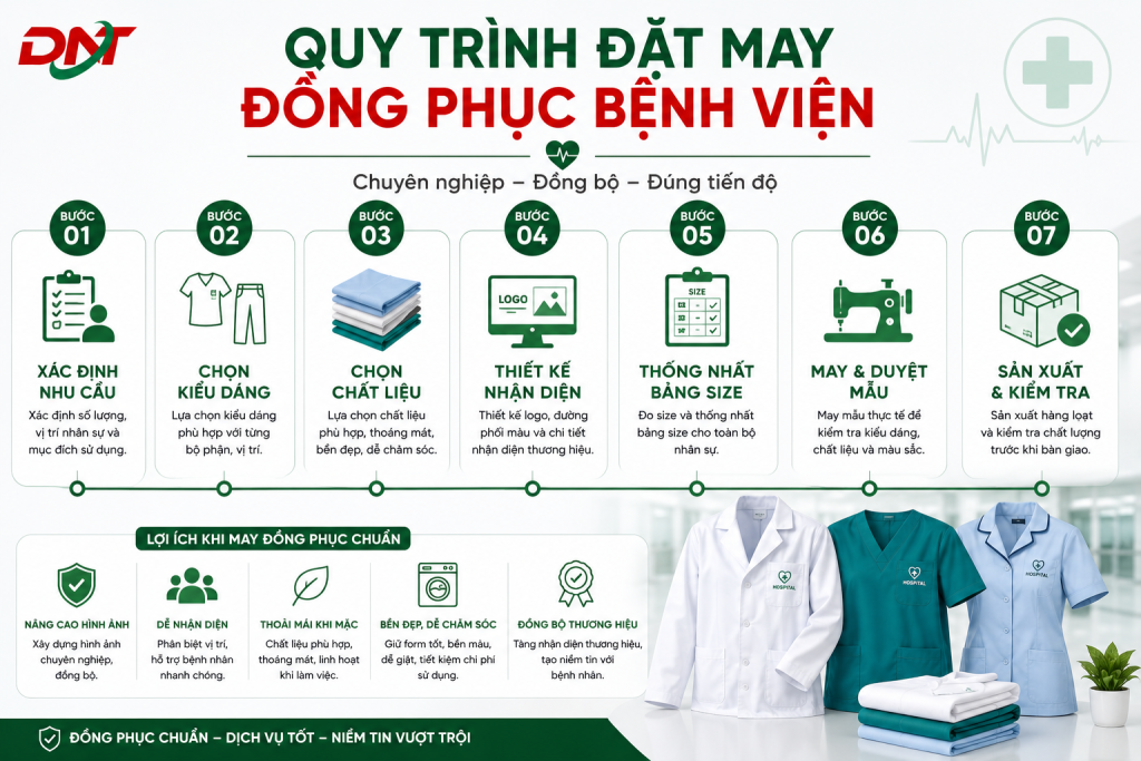 Infographic mô tả quy trình đặt may đồng phục bệnh viện từ xác định nhu cầu, lựa chọn kiểu dáng, chất liệu, thiết kế nhận diện, thống nhất bảng size, may mẫu đến sản xuất hàng loạt. Hình ảnh giúp bệnh viện, phòng khám và cơ sở y tế hiểu rõ các bước triển khai, đảm bảo đồng phục đạt chất lượng, đúng nhận diện thương hiệu, phù hợp từng vị trí và tối ưu tiến độ, chi phí sản xuất.