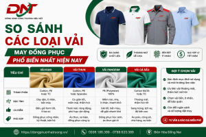 Hình ảnh so sánh các loại vải may đồng phục phổ biến gồm vải kaki, vải thun, vải pangrim và vải cá sấu theo thành phần, đặc tính, ưu điểm và ứng dụng thực tế.