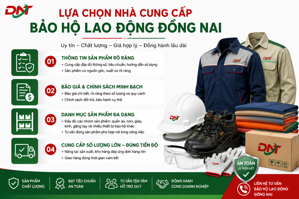 hướng dẫn lựa chọn nhà cung cấp bảo hộ lao động Đồng Nai uy tín với các tiêu chí như thông tin sản phẩm rõ ràng, báo giá minh bạch, danh mục đa dạng và khả năng cung cấp số lượng lớn. Hình ảnh giúp doanh nghiệp dễ dàng đánh giá đơn vị cung cấp, đảm bảo chất lượng trang bị bảo hộ, đáp ứng tiến độ và tối ưu chi phí khi mua sắm cho nhà máy, xưởng sản xuất.