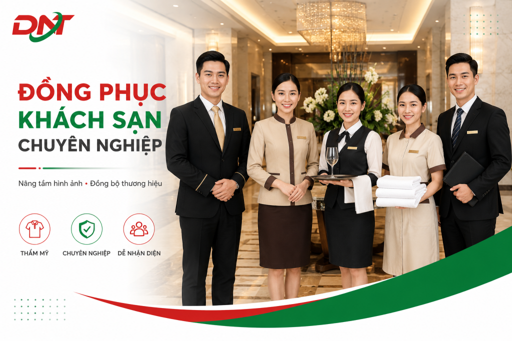 Hình ảnh minh họa đội ngũ nhân viên khách sạn với đồng phục lễ tân, phục vụ, buồng phòng và quản lý được thiết kế đồng bộ, chuyên nghiệp. Tông màu sang trọng kết hợp nhận diện thương hiệu giúp nâng cao hình ảnh dịch vụ, tạo ấn tượng với khách hàng và thể hiện sự chuyên nghiệp trong hoạt động vận hành khách sạn, resort