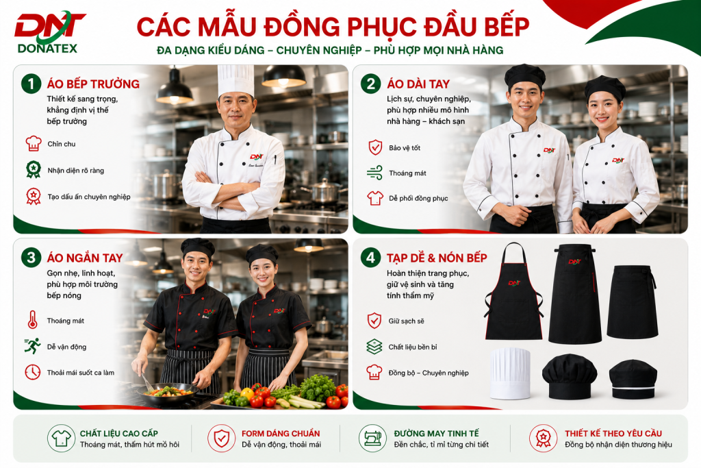 Hình ảnh minh họa các mẫu đồng phục đầu bếp phổ biến tại DONATEX gồm áo bếp trưởng, áo đầu bếp dài tay, áo ngắn tay, tạp dề và nón bếp. Thiết kế sử dụng tông màu trắng, đỏ và xanh lá đồng bộ nhận diện thương hiệu, phù hợp cho nhà hàng, khách sạn và bếp dịch vụ. Đồng phục được thiết kế chuyên nghiệp, bền đẹp, thoải mái, giúp đầu bếp dễ vận động và nâng cao hình ảnh thương hiệu.