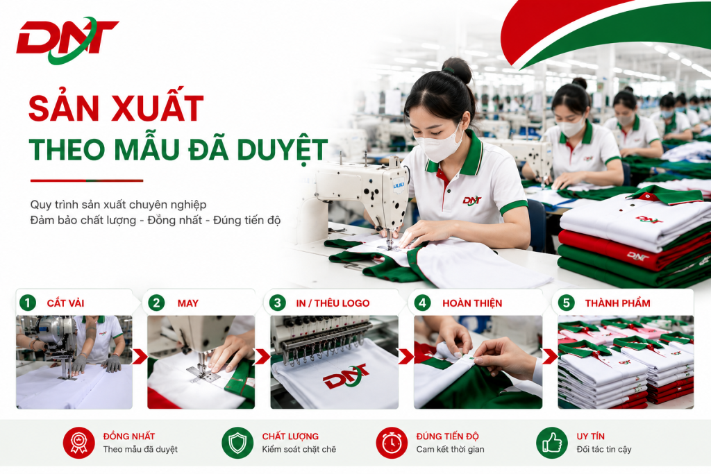 Hình ảnh minh họa quy trình may đồng phục theo yêu cầu tại DONATEX với các bước từ tư vấn, thiết kế, lựa chọn chất liệu đến sản xuất và giao hàng.